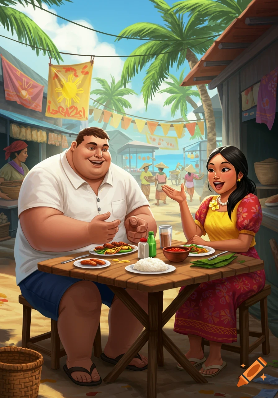 Cartoon illustration of a man and a woman eating at an outdoor food stall in a tropical market.