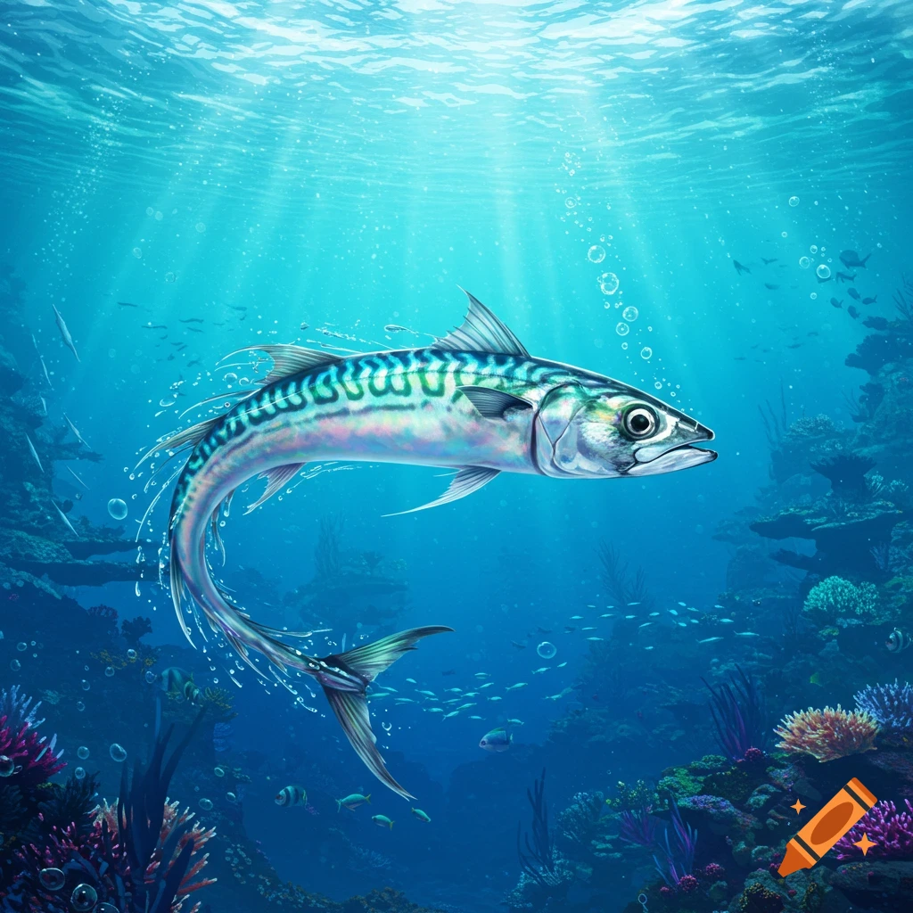 A colorful mackerel swims in a vibrant underwater coral reef with sun rays filtering from the surface.