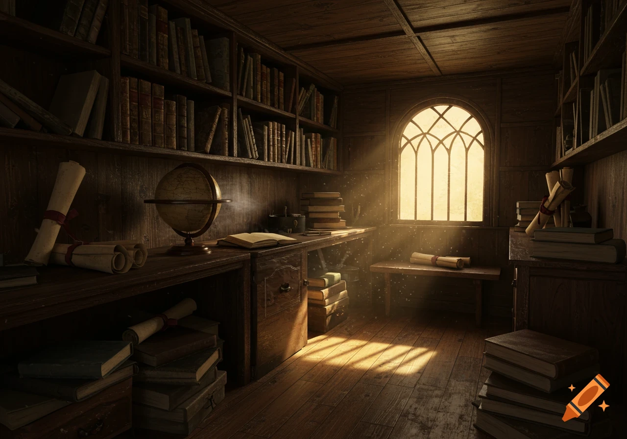 A cozy, sunlit vintage library room with wooden bookshelves filled with old tomes, scrolls, a desk, and a globe.
