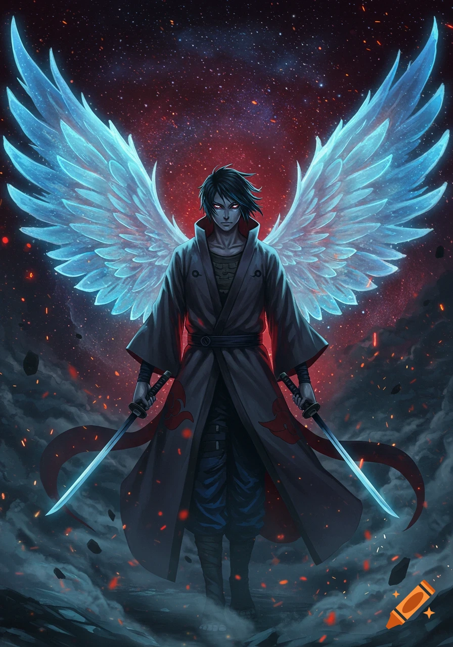 An anime-style male character with glowing red eyes, black hair, and large translucent blue wings stands holding two swords against a red and black cosmic background.