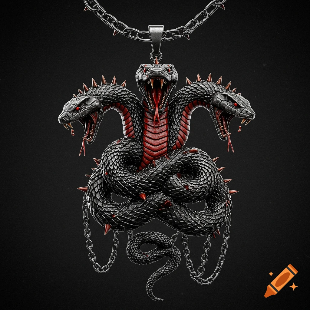 A punk style three-headed snake pendant with snarling heads, fangs, red scales, and metal chains on a dark background.