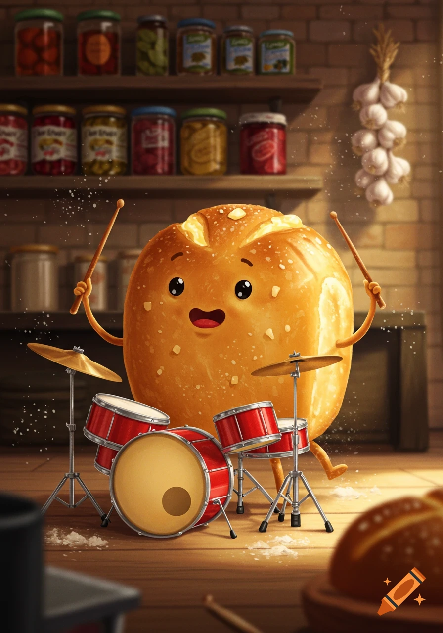 A cute, smiling cartoon bread roll plays a red drum set in a rustic kitchen, with jars on shelves and garlic hanging in the background.