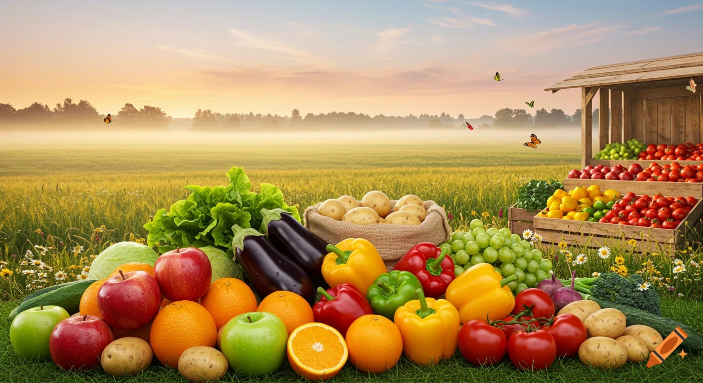 A vibrant assortment of fresh fruits and vegetables on green grass, with a market stall in a misty field at sunset.