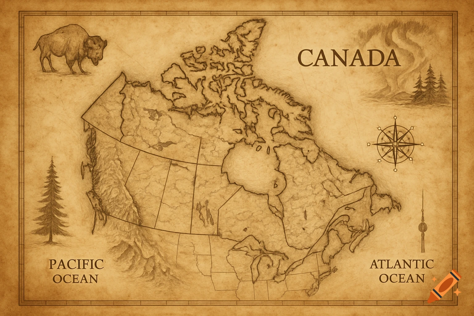 Vintage-style map of Canada with labeled oceans, a bison, pine trees, and mountains.
