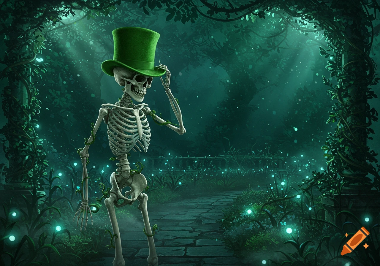 A skeleton wearing a green top hat stands on a stone path in a mystical, dark green forest with glowing blue lights.