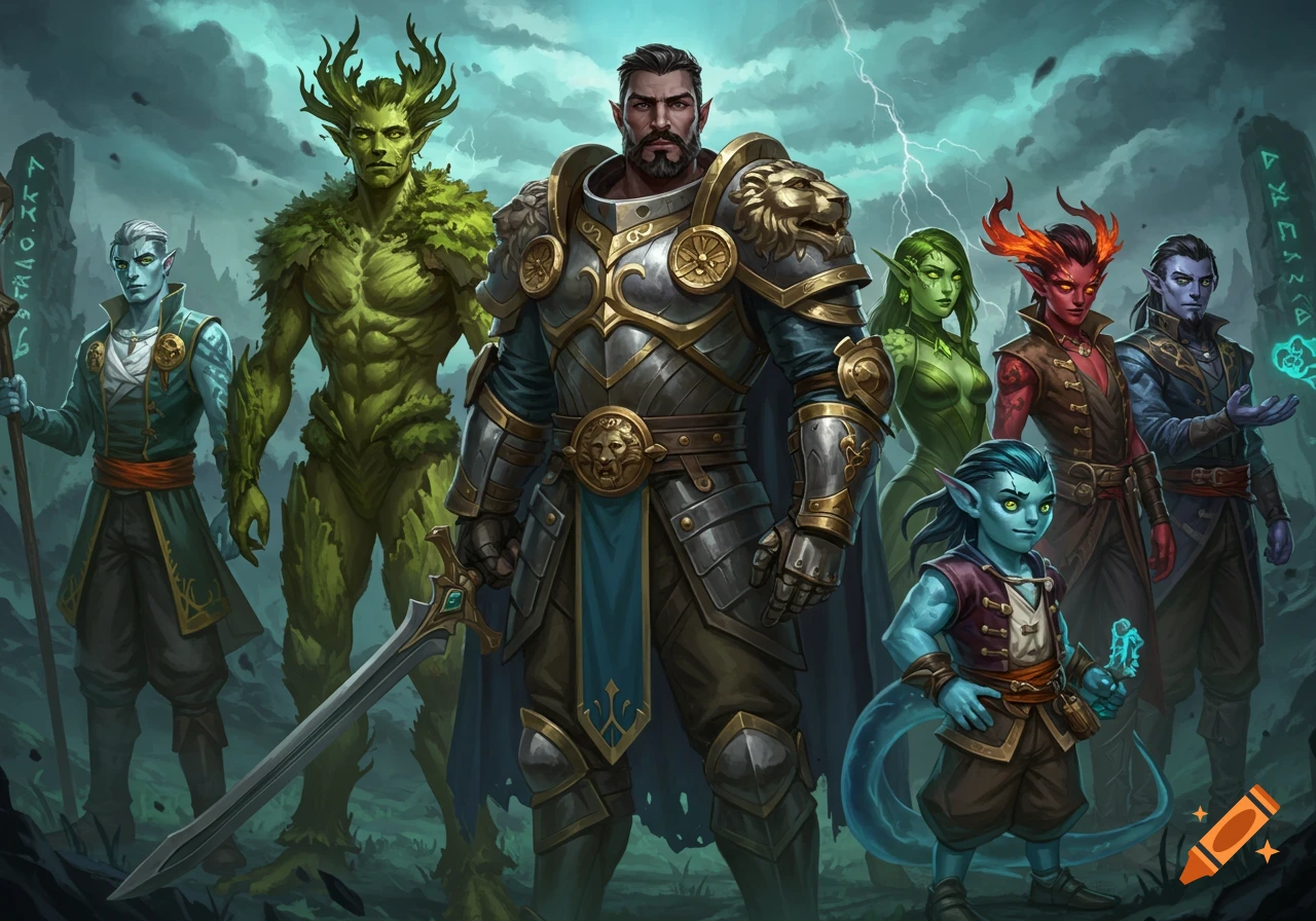 A diverse group of fantasy characters, including a knight in gold armor, a treant, elves, and a small blue-skinned creature, stand under a stormy sky.