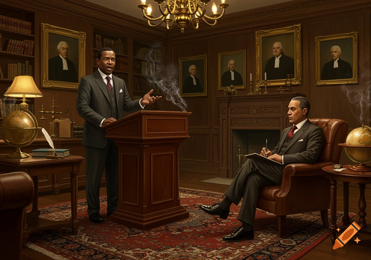 Two men in a richly decorated wood-paneled study. One man stands at a podium, speaking, while another sits in a leather armchair, taking notes. Numerous framed portraits adorn the walls.
