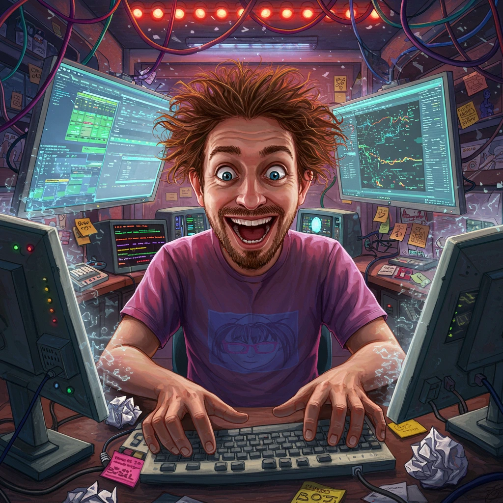 A wide-eyed, crazy-haired man with a beard and purple shirt laughs maniacally while typing on a keyboard, surrounded by multiple computer screens displaying code and data, cables, and sticky notes in a messy room.
