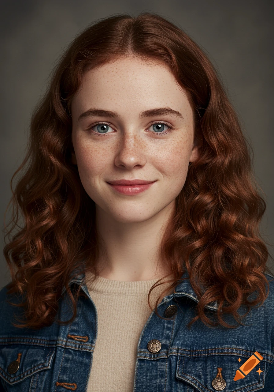 Portrait of a young woman with red wavy hair, freckles, and blue eyes, smiling, wearing a denim jacket.