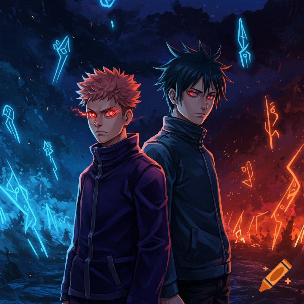 Two anime characters, one with red hair and one with black hair, both with glowing red eyes, stand against a split background of blue and orange glowing symbols.