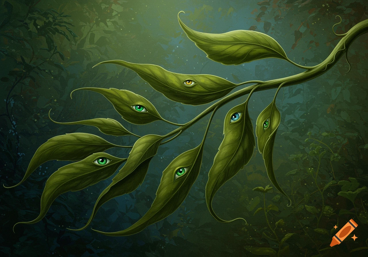 A surreal, dreamlike painting of a green plant branch with multiple luminous eyes embedded in its leaves, set against a dark, mystical background.