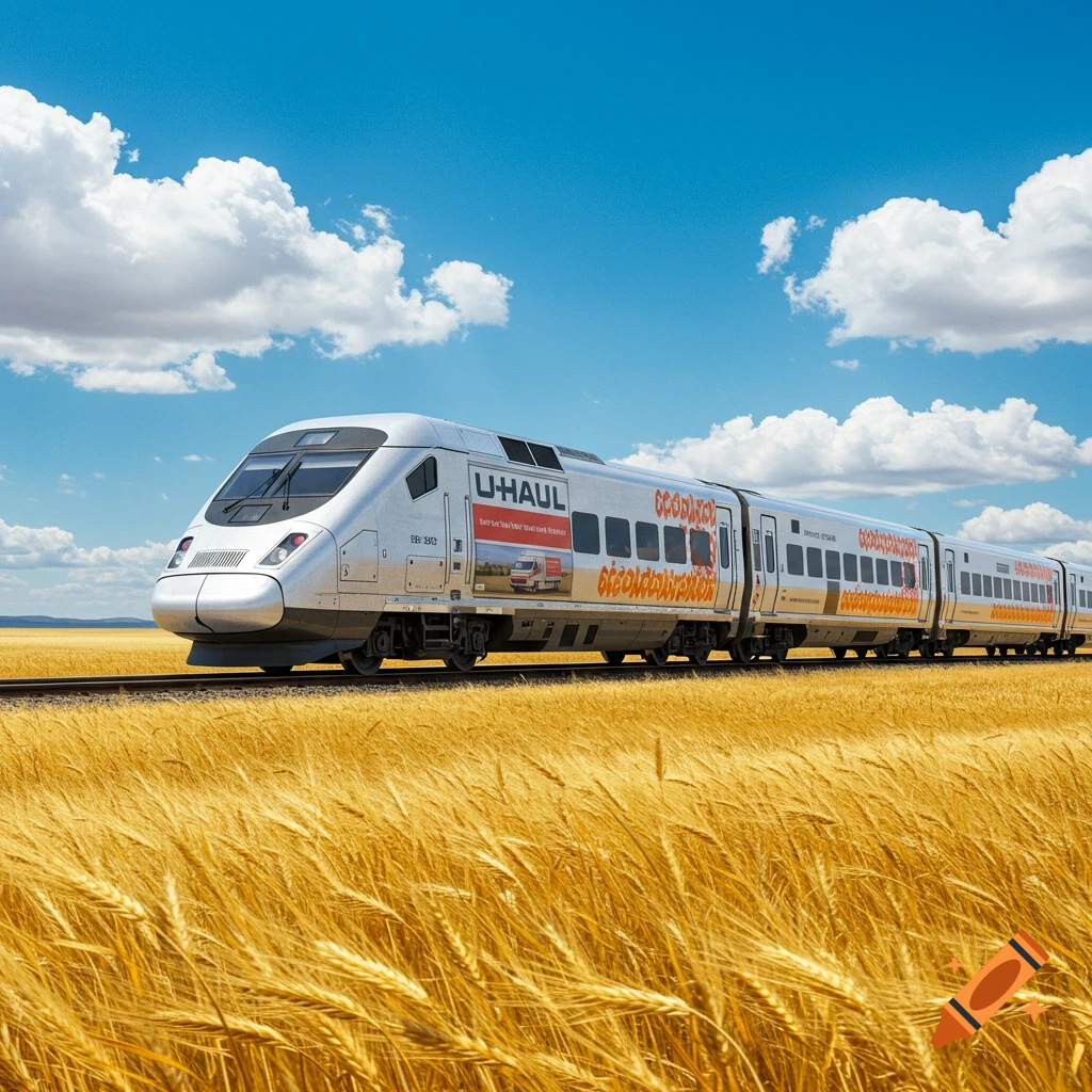 A photorealistic image of a U-Haul decorated high-speed rail train speeding through a golden wheat field under a blue sky with white clouds.