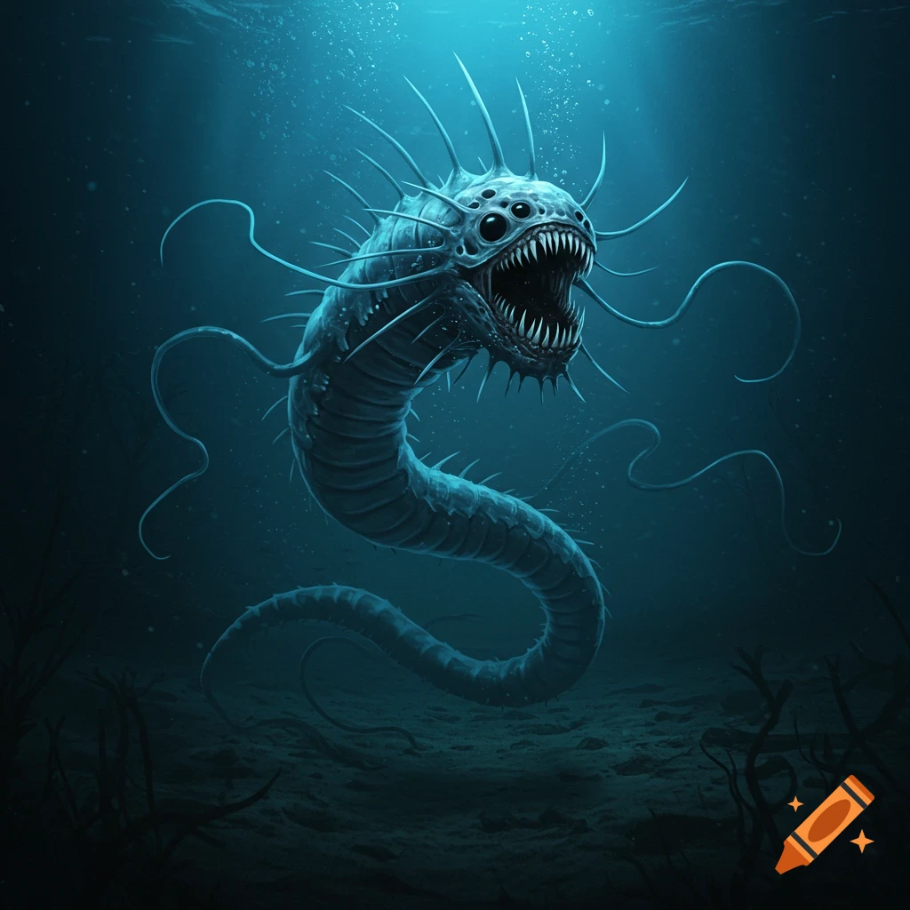 A horrifying, spiky deep-sea creature with multiple eyes and sharp teeth swims in dark blue water, light filtering from above.