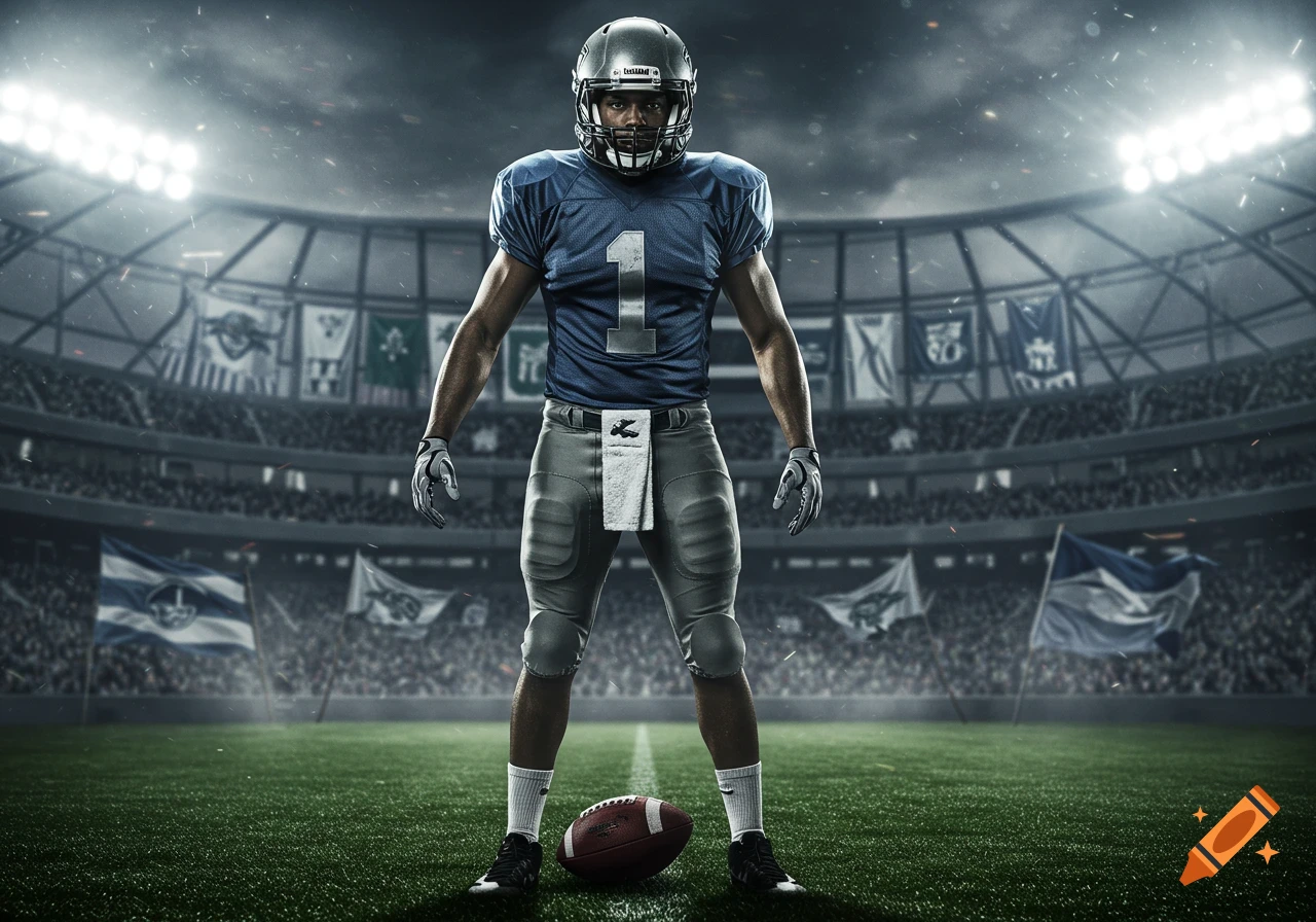 A photorealistic image of a football player in a blue jersey with the number one, standing on a field in a stadium.