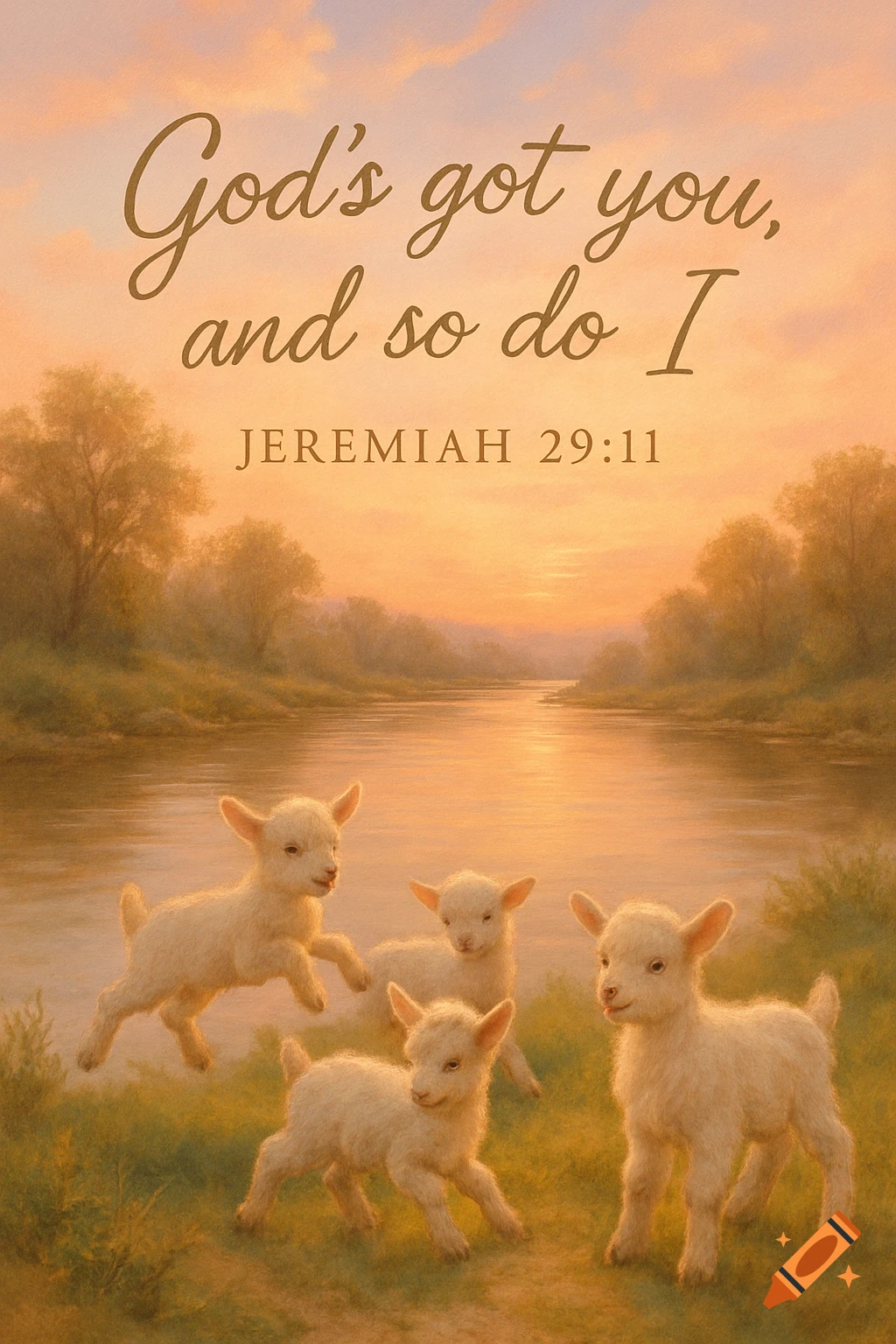 Four baby goats by a river at sunset with religious text.