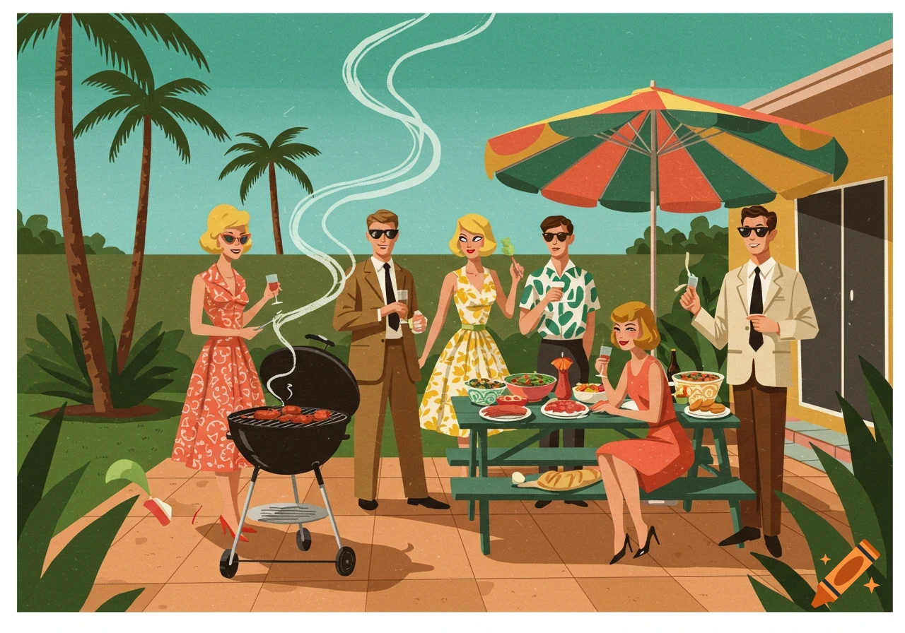 A stylized illustration in mid-century modern style depicts a group of adults enjoying a backyard barbecue with a grill and food on a table.