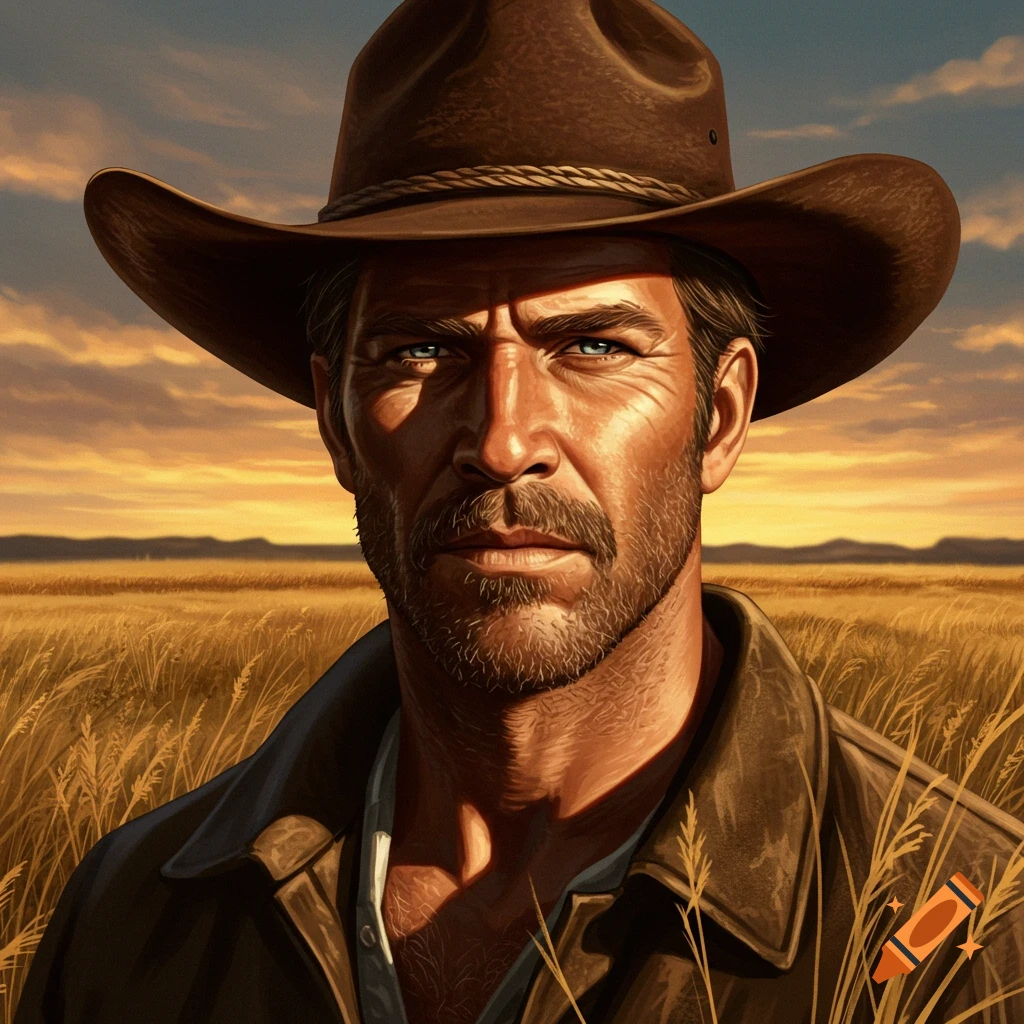 A rugged man in a brown cowboy hat stands in a field of golden wheat with a dramatic sunset sky behind him.