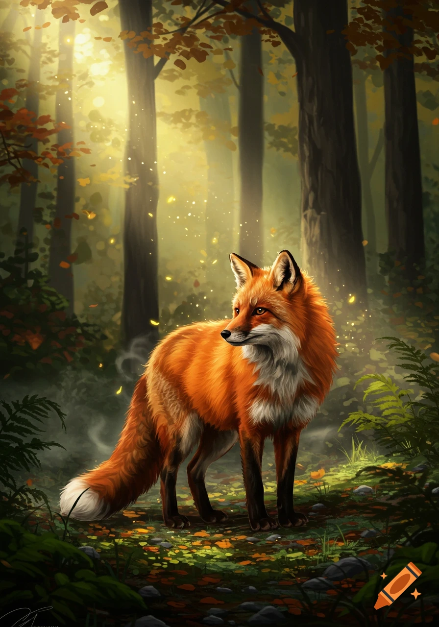 A vibrant red fox stands in a sunlit, mystical forest with golden leaves and sparkling light.