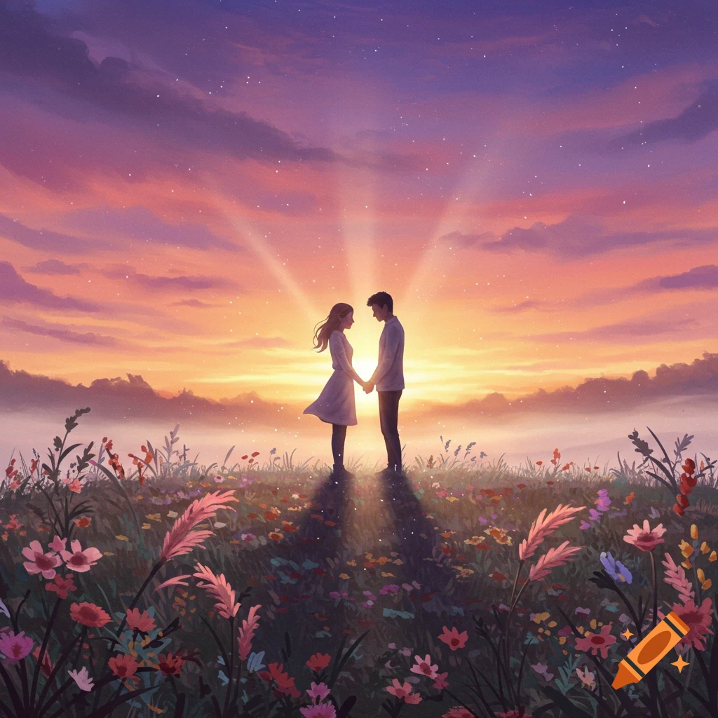 A romantic illustration of a couple holding hands in a field of wildflowers at sunset, with light rays beaming from behind them.