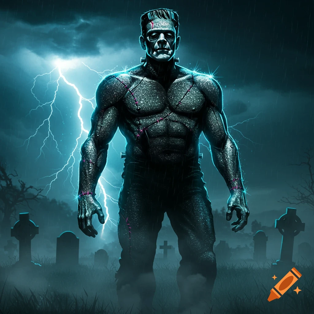 A glittery Frankenstein's monster stands in a rainy graveyard under a stormy sky with lightning.