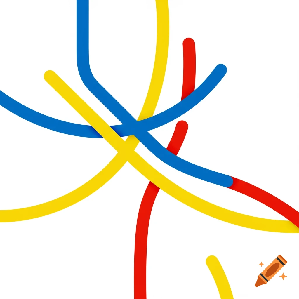Abstract design with intertwining blue, yellow, and red lines on a white background.