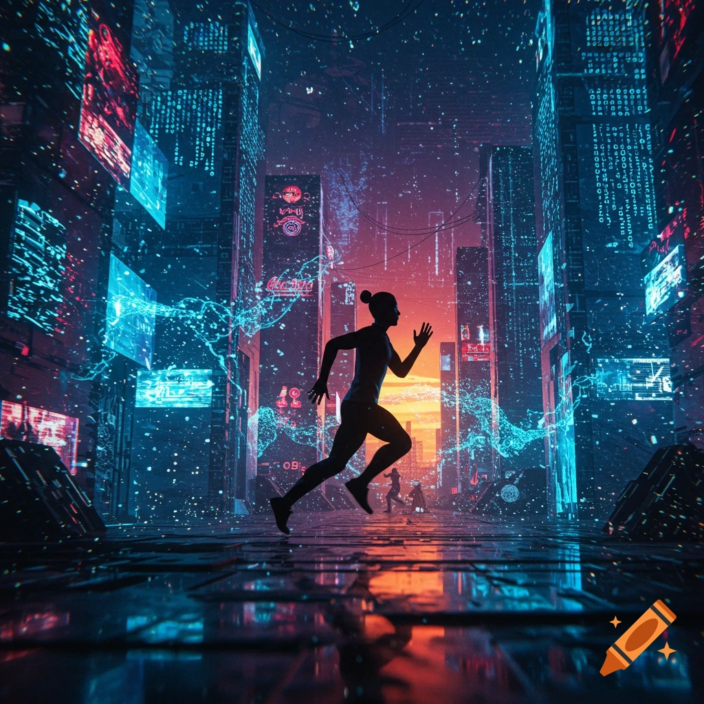 A silhouetted person runs through a neon-lit, futuristic city with glowing digital data streams.
