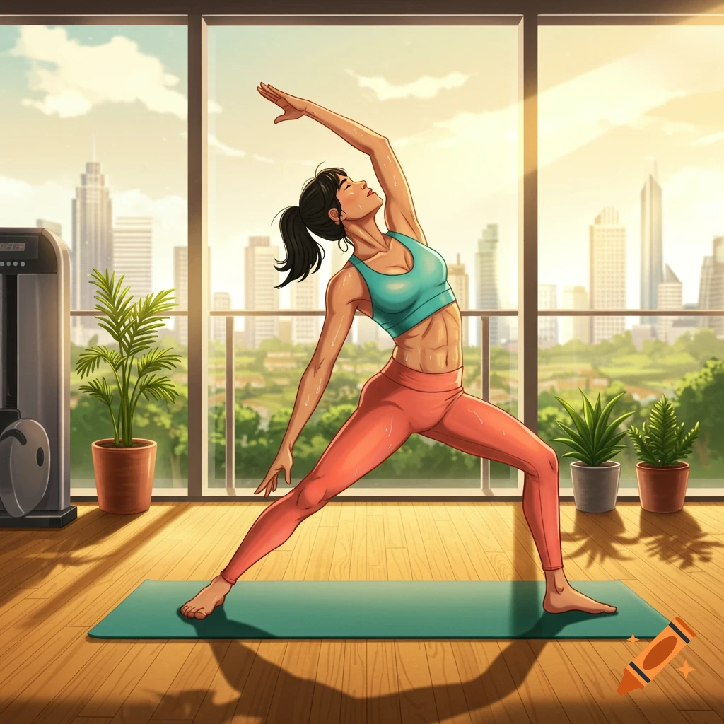 A woman in a sports bra and leggings performs a yoga pose on a mat in a sunny room overlooking a city. Illustrated style.