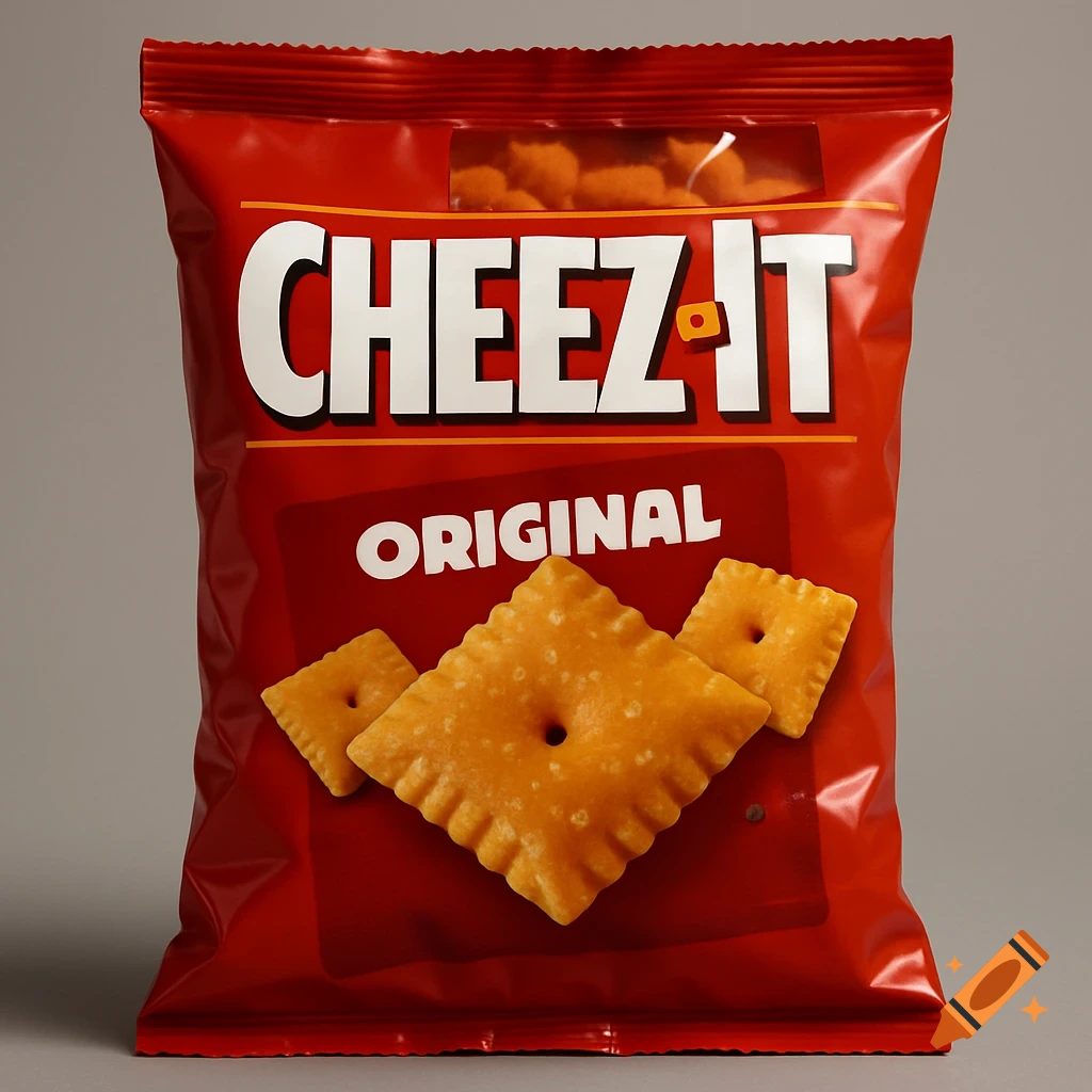 Photorealistic close-up of a red Cheez-It cracker bag with crackers on the front.