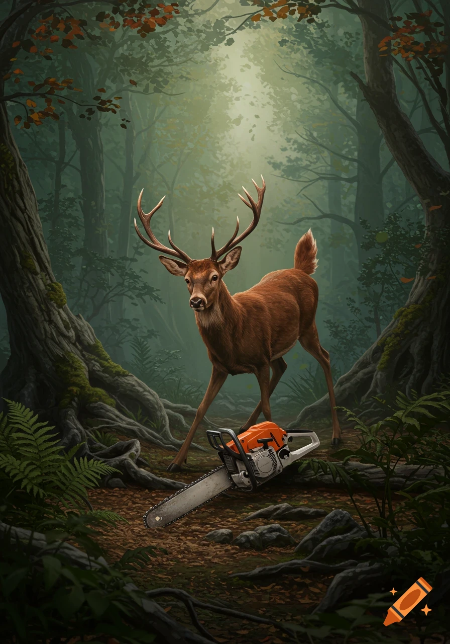 A deer with antlers stands in a forest, looking towards a chainsaw lying on the leafy ground.