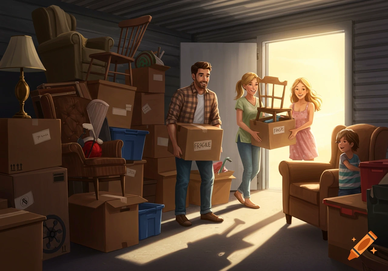 An illustrated family moves boxes and furniture into a storage unit, illuminated by warm sunlight.