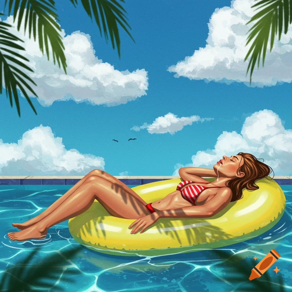 Illustration of a woman in a striped bikini floating on a yellow inflatable in a pool on a sunny day.