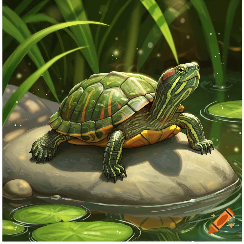 A vibrant illustration of a red-eared slider turtle resting on a sunlit rock in calm water with lily pads and tall green reeds.