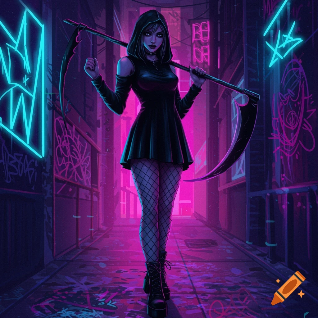 A stylized digital illustration of a girl in a black hooded dress, fishnet tights, and platform boots, holding a scythe over her shoulder. She stands in a dark, neon-lit alley with graffiti.