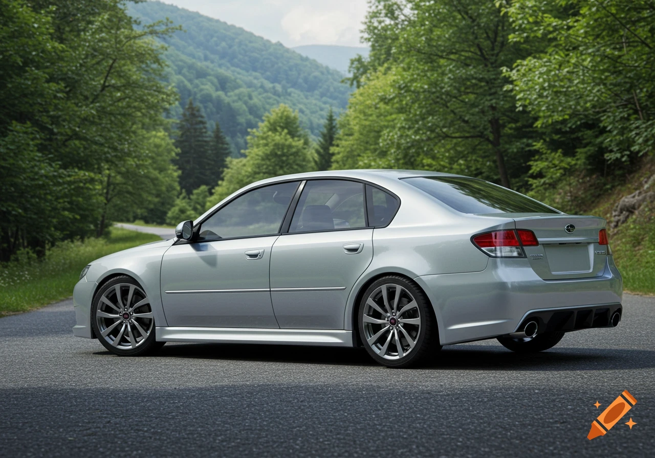 A silver 2009 Subaru Legacy sedan parked on an asphalt road, with lush green mountains and trees in the background under a bright sky.