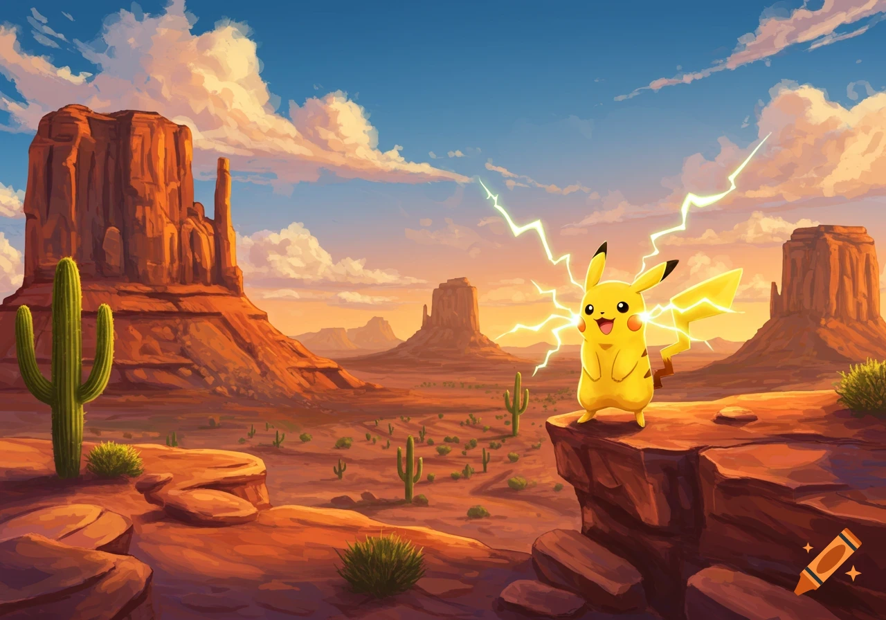 Pikachu stands on a rock overlooking a vast desert landscape with large rock formations and cacti under a colorful sky, with lightning around it.