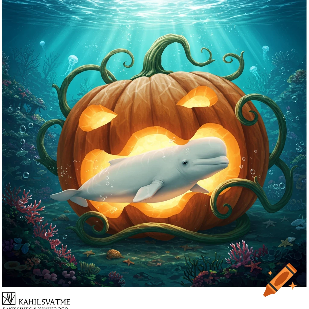 A white beluga whale swims out of a glowing, carved jack-o'-lantern underwater, surrounded by coral and marine life.
