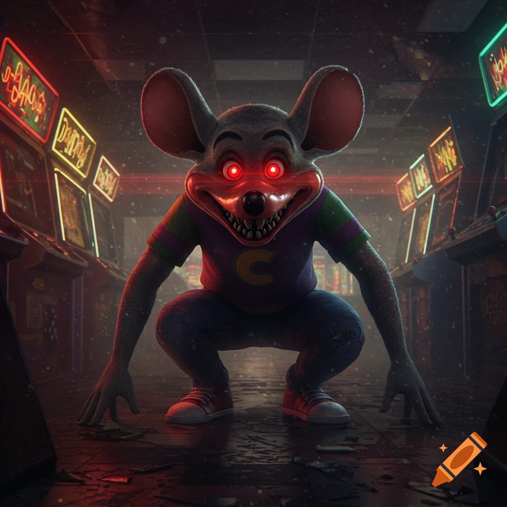 A terrifying, monstrous Chuck E. Cheese character with glowing red eyes and sharp teeth crouches in a dark, grimy arcade, looking menacingly at the viewer.