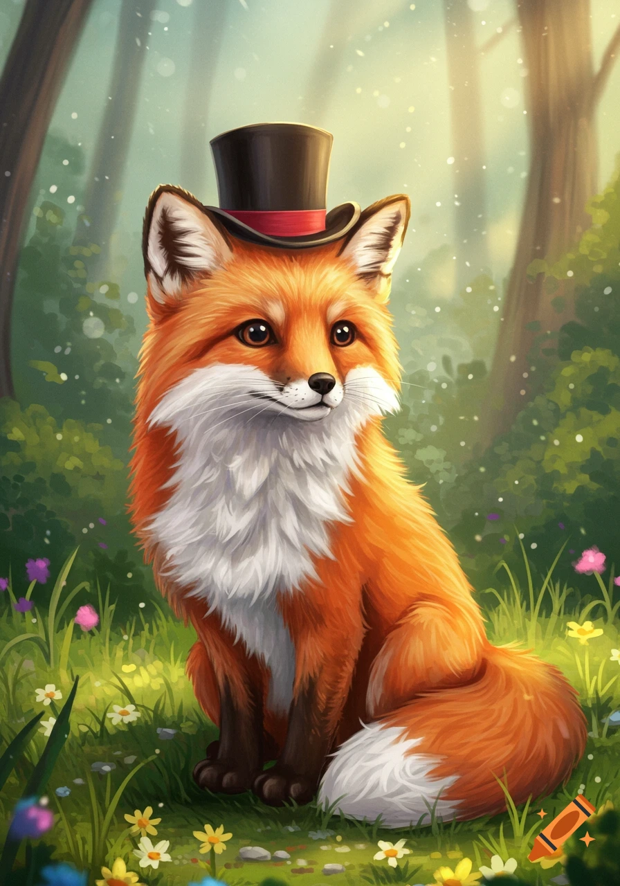 A cute red fox in a top hat sits in a sunny forest clearing with colorful flowers, digital art style.