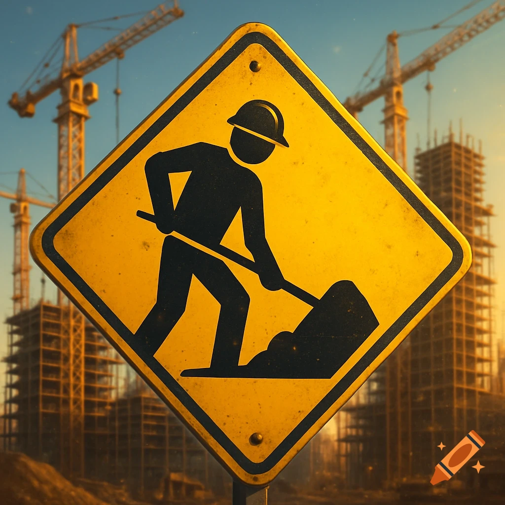 Yellow diamond construction sign with a worker silhouette against a background of cranes and unfinished buildings.