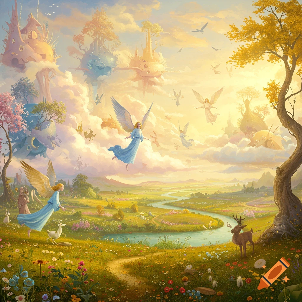 An ethereal fantasy landscape with angels, floating castles, animals, and a winding river under a golden sky.
