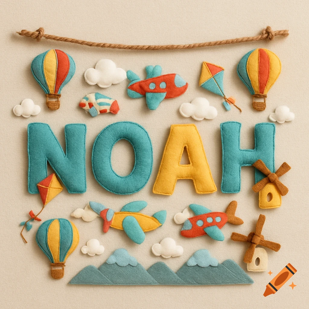 Felt baby name banner for Noah, featuring teal and yellow letters with aviation-themed hot air balloons, planes, clouds, kites, and windmills.
