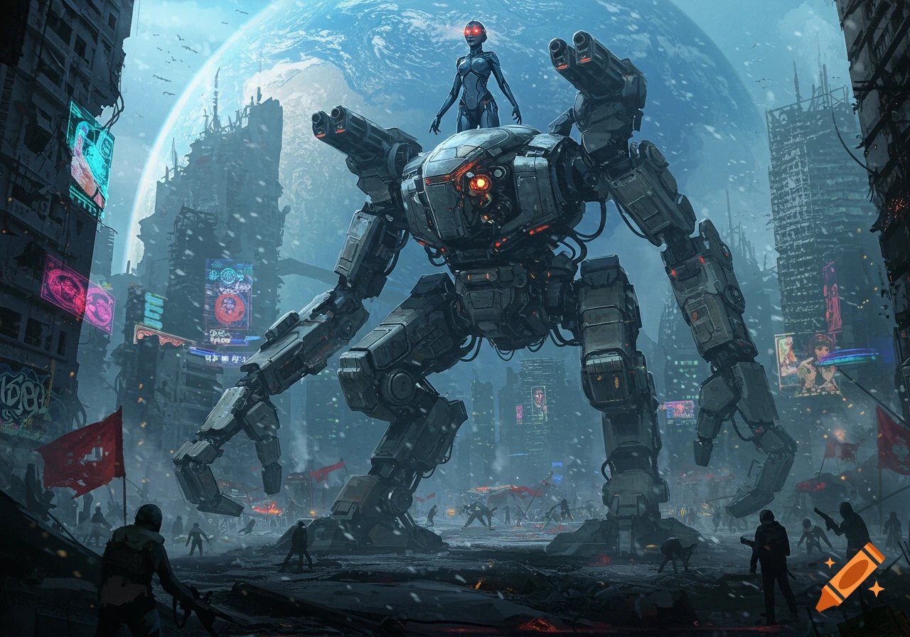 A giant battle robot with a humanoid AI on its head stands amidst a futuristic, war-torn city under a massive planet.