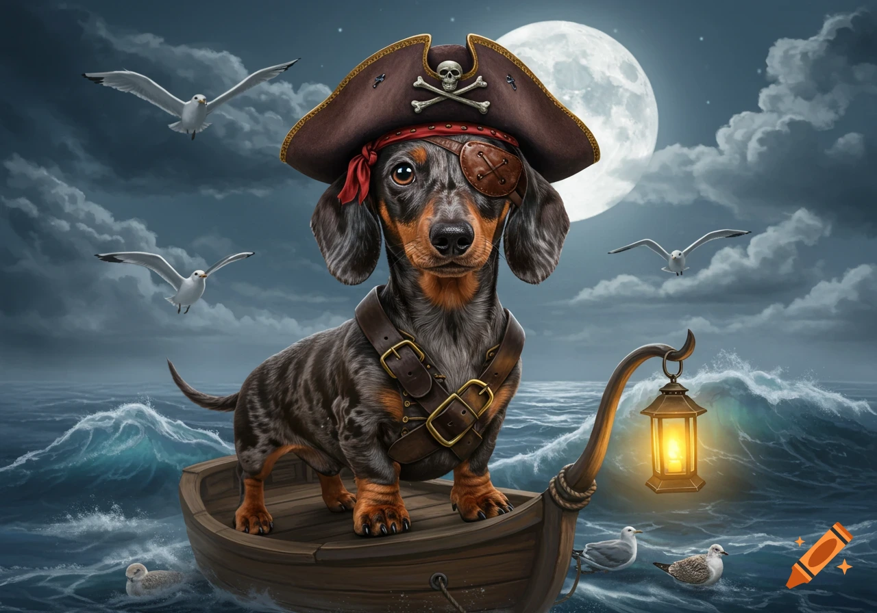 A dachshund dressed as a pirate with an eyepatch and tricorne hat, standing in a wooden boat on a stormy sea under a full moon, with seagulls flying around.