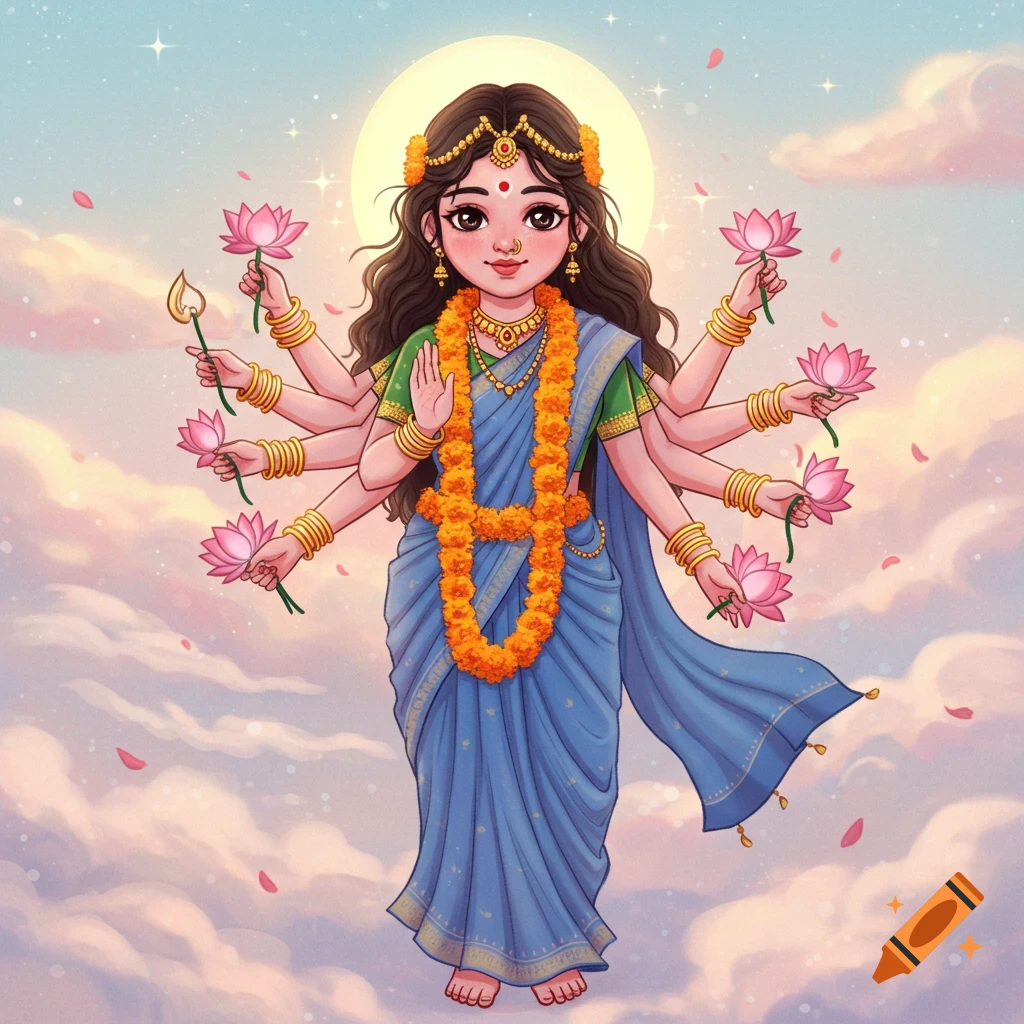 A cute, multi-armed Hindu goddess wearing a blue sari and orange marigold garland, holding lotus flowers and a flame, against a cloudy, starlit sky.