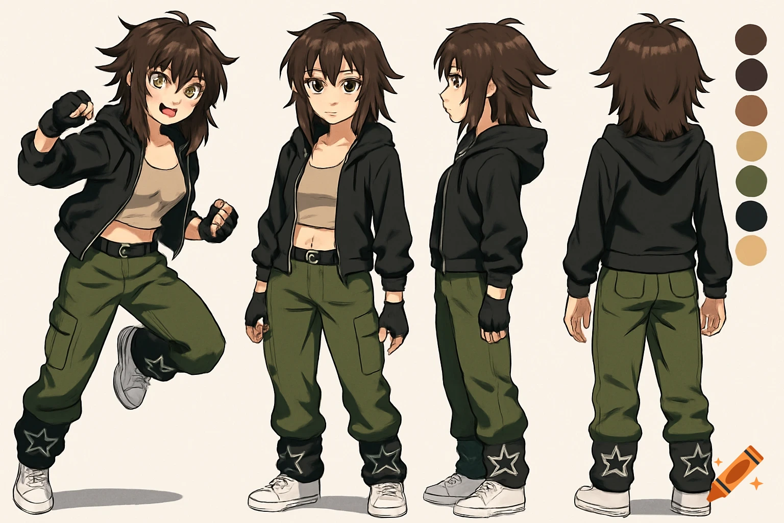 An anime character sheet depicting a young woman with messy dark brown hair in a black hoodie, beige crop top, olive cargo pants, white sneakers, and fingerless gloves, shown from various angles.