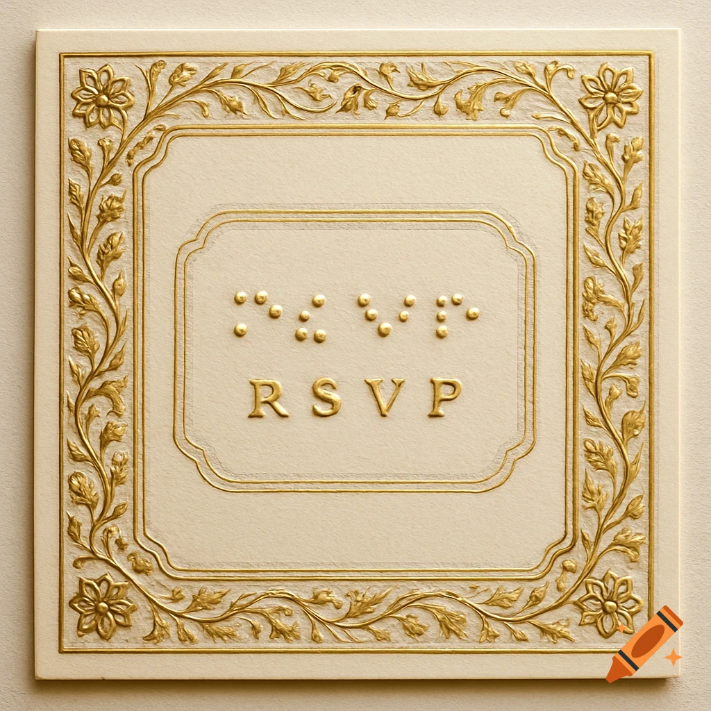 A cream-colored, square greeting card with ornate gold gilded floral borders and embossed 'RSVP' text with Braille above it.