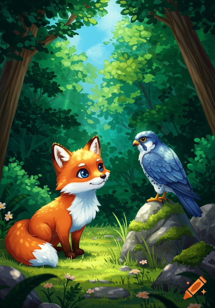 A cute orange fox and a blue falcon bird in a vibrant, stylized forest illustration.