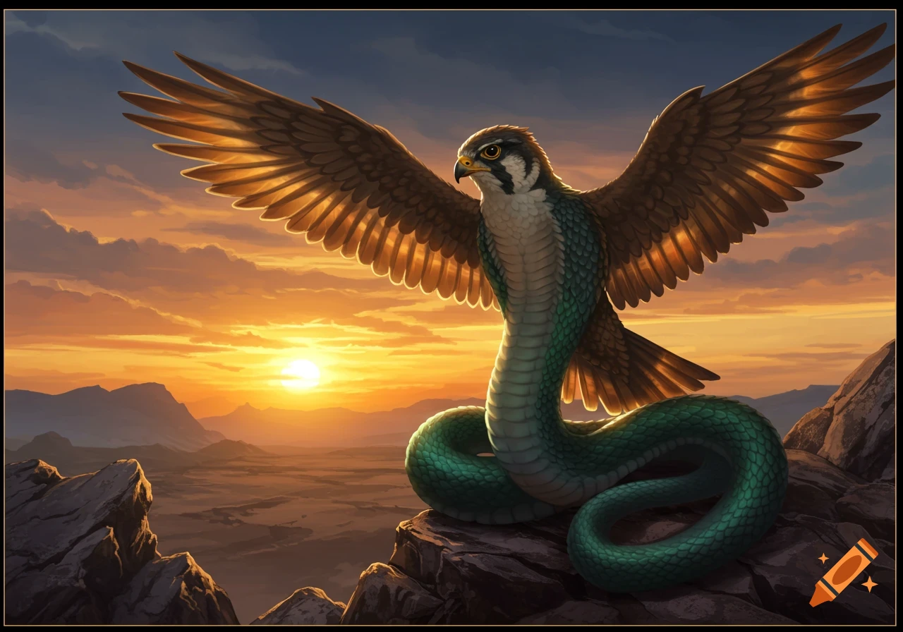 A vibrant cobra-falcon hybrid with outstretched wings perches on a rock, silhouetted against a golden sunset over mountains.