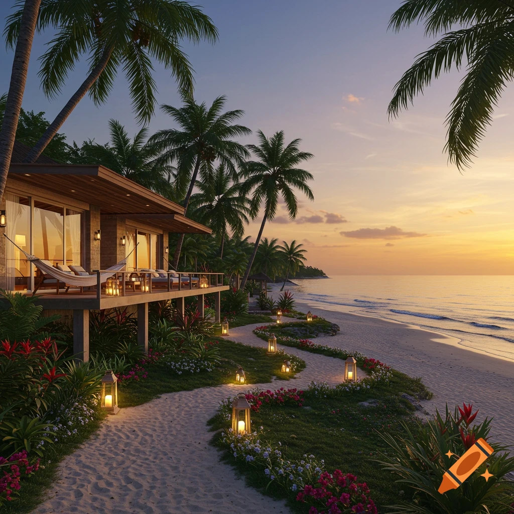Photorealistic image of a beautiful beach house with a hammock and lanterns along a sandy path at sunset.