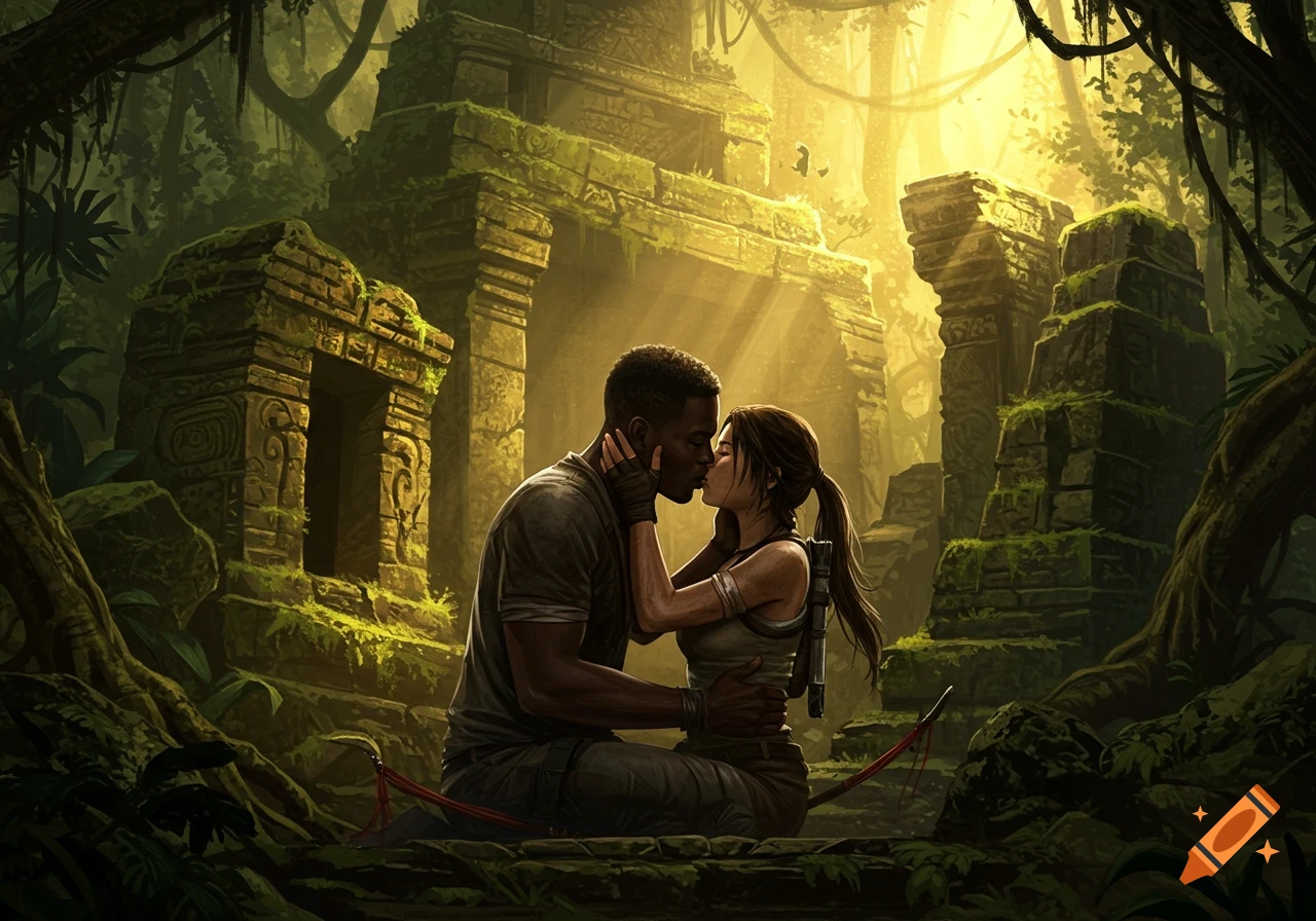 Lara Croft and a man kiss amidst ancient, moss-covered ruins in a sunlit jungle, in a digital illustration style.